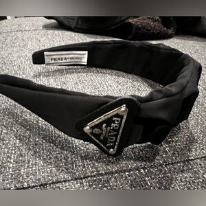 Prada Black Satin Headband logo black silver new hair band